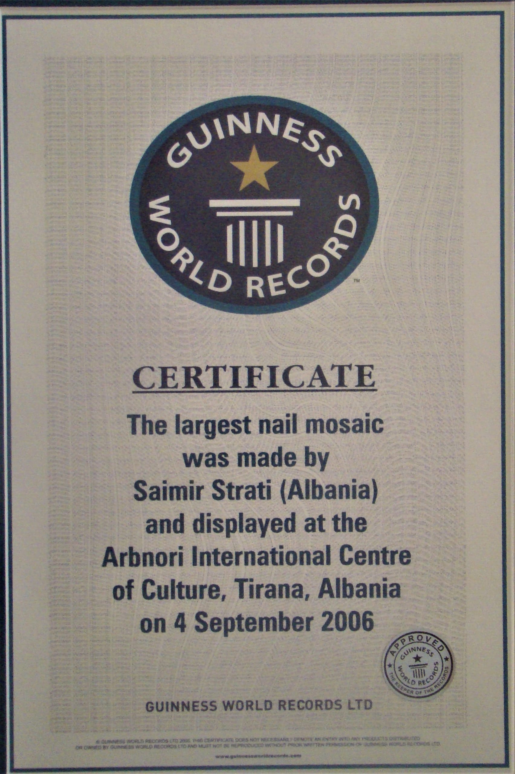 Guinness certificate for the nails mosaic