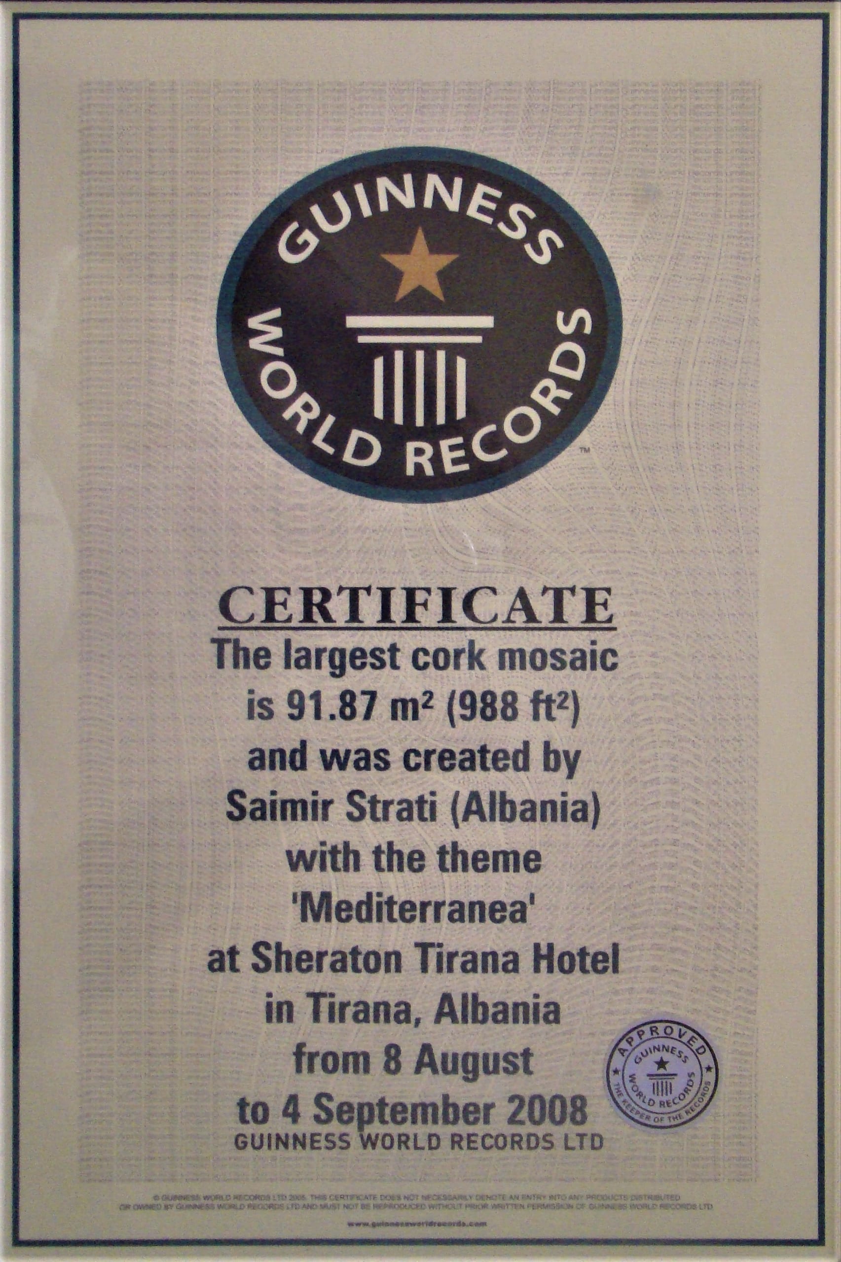 Certificate for the corks mosaic