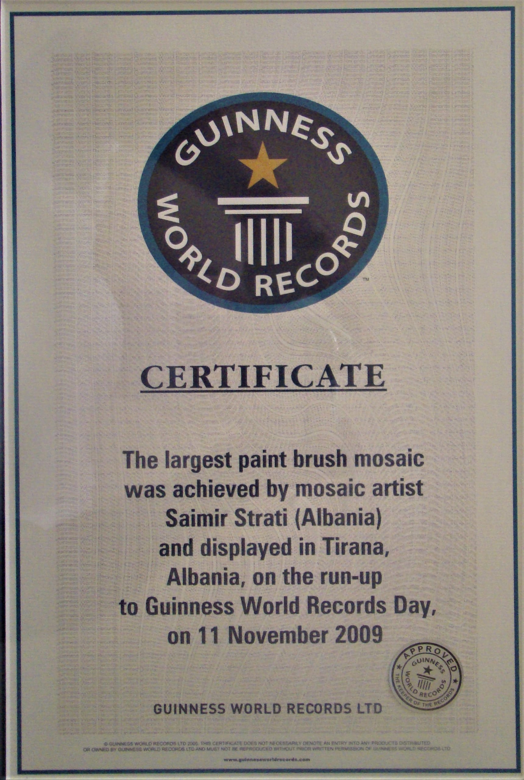 Certificate for the paintbrush mosaic