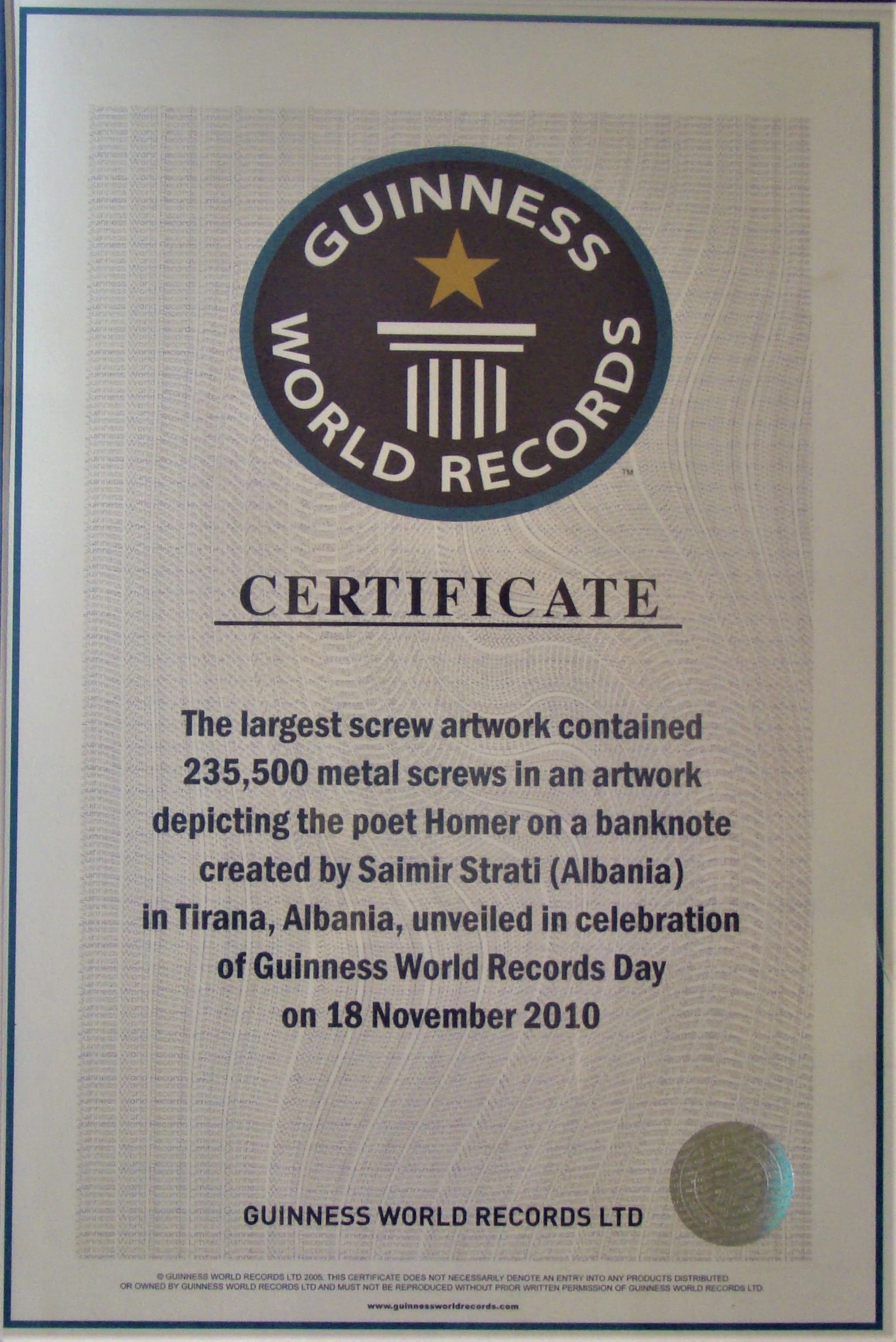 Certificate for the screws mosaic