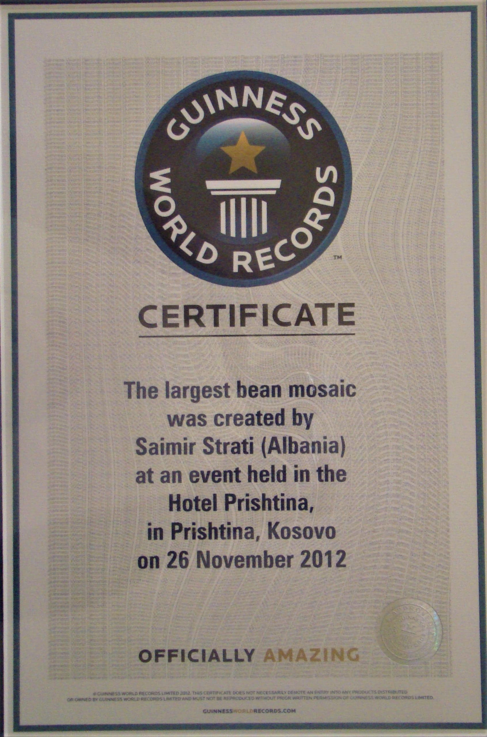 Certificate for the beans mosaic